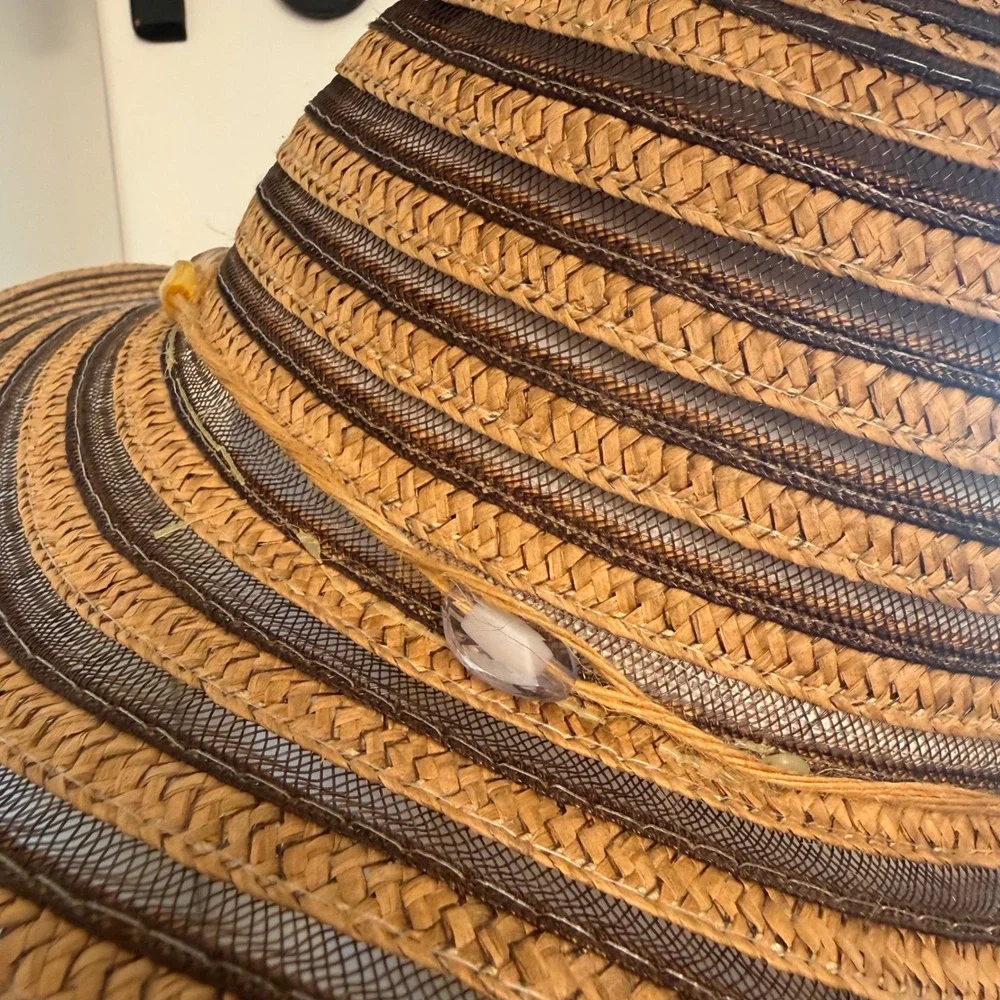 Unbranded Vintage Wide Brim Sun Hat Womens OS Brown Striped Mesh Beaded Straw